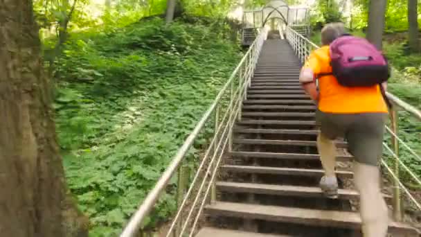 Vuxen man kör jogging uppför trappan utomhus i en skog natur på en skog spår — Stockvideo