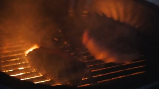 En kött på en gasolgrill med öppen eld är kokt med en metall spatel. — Stockvideo