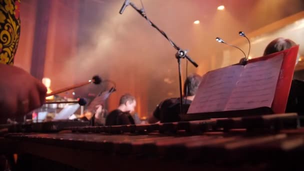 Les mains avec des marteaux jouent le carillon du bar musicien. — Video