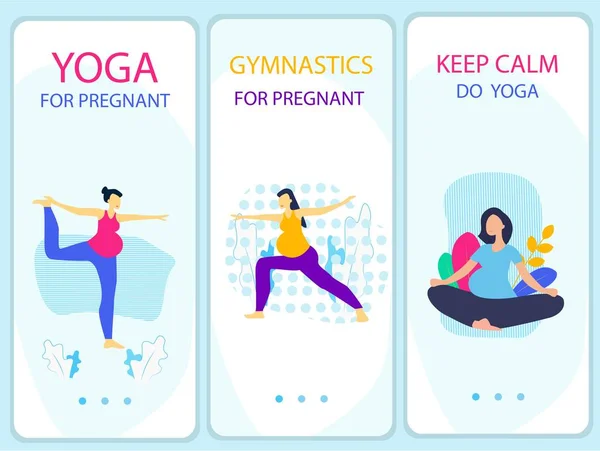 Yoga courses, gymnastics classes for pregnant women flat vector vegetative web banners, Templates of initial pages Transnational pregnant women conduct physical exercises, showing an example of yoga