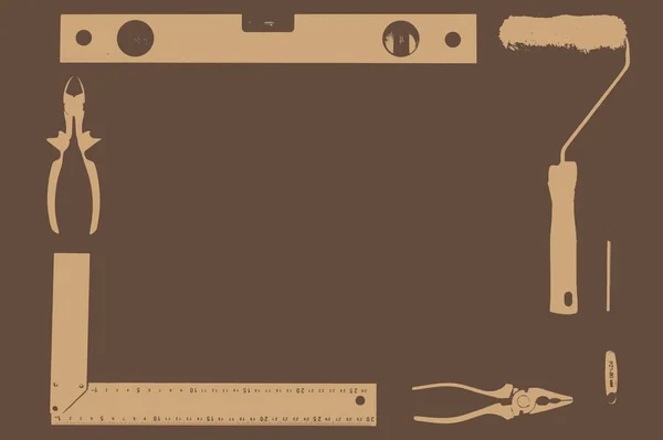 İnşaat aletleri çerçevesi. İnşaat aracı dikdörtgen bir çerçeve içinde serilmiştir. Kahverengi arka plan. İnşaat seviyesi, pense, boya silindiri, tornavida.