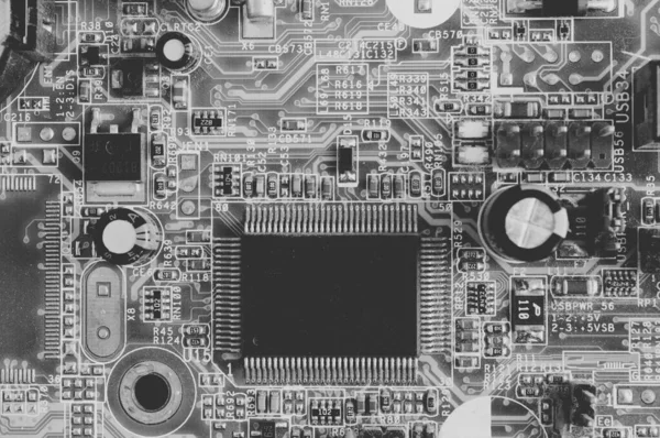Chip Computer Motherboard Tracks Chips Diodes Transistors Capacitors Resistors Black — Stock Photo, Image