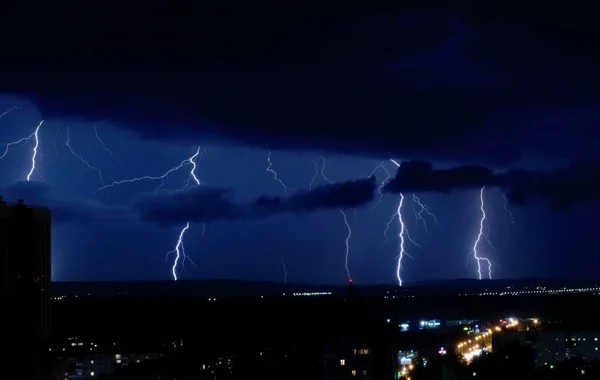 Lightning Night Lightning Strikes Ground Bad Weather City Night City — Stock Photo, Image