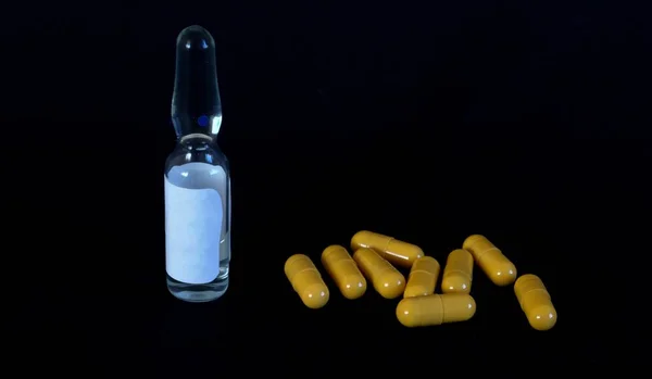 Ampoule Injection Yellow Capsules Tablets Black Background — Stock Photo, Image