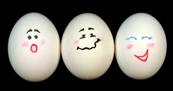 Three White Chicken Eggs Painted Faces Black Background — Stock Photo, Image