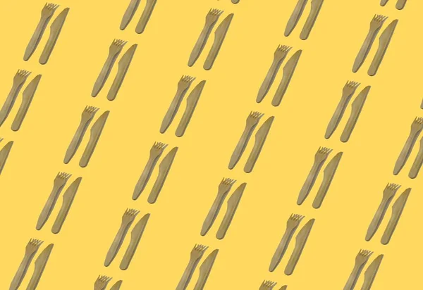 Fondo Para Diseño Banner Tenedor Cuchillo Madera Sobre Fondo Amarillo —  Fotos de Stock