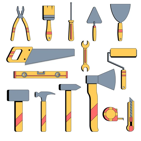 Set di attrezzi da costruzione gialli. Stile piatto. Illustrazione vettoriale su sfondo bianco isolato. — Vettoriale Stock