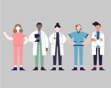 Farklı ırktan ve üniformadan sağlık uzmanları.