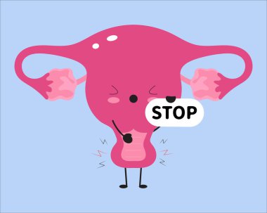 Cute uterus feeling pain with stop sign. Vaginismus concept. clipart