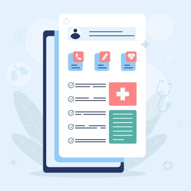Tablet üzerindeki dijital hasta tıbbi kayıt arayüzünün düz vektör çizimi. Teletıp, elektronik sağlık kayıtları, çevrimiçi sağlık hizmetleri ve tıbbi veri yönetimi kavramı.