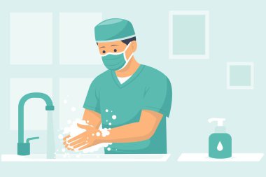 Ameliyattan önce lavaboda ellerini yıkayan bir cerrahın tasviri, hijyen, kısırlaştırma, hasta güvenliği ve profesyonel tıbbi hazırlığı simgeliyor..