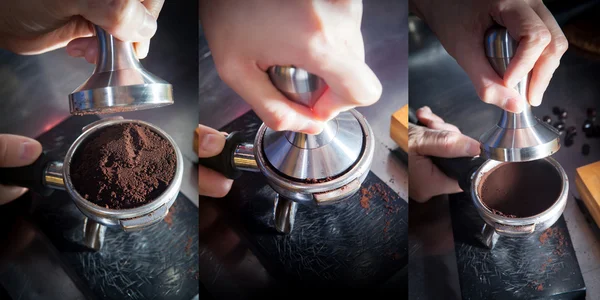 Tamper to press ground coffee into a portafilter Stockfoto