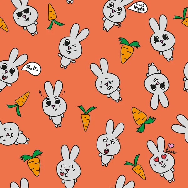 Nahtloses Muster mit Kaninchen auf orangefarbenem Hintergrund. Lustiger Hase und Karotte. Netter Cartoon. Vektorillustration mit unterschiedlichen Emotionen. Vektorgrafiken