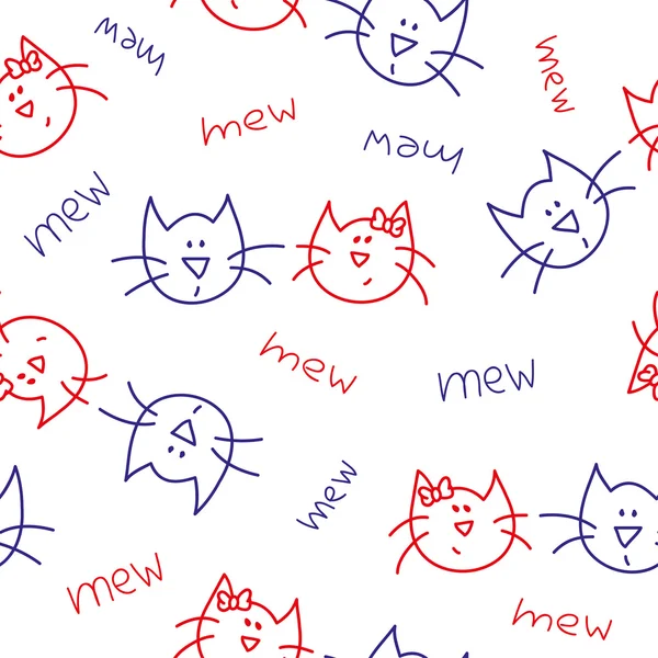 Seamless pattern with cute cats in blue and red colors. Cartoon in vector. — Stock Vector