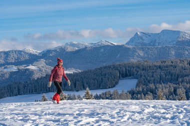 Avusturya, Vorarlberg, Bregenzerwald manzaralı Oberstaufen yakınlarındaki Allgaeu Alplerinde kış yürüyüşü.