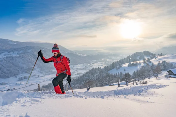 Nice Active Senior Woman Snowshoeing Allgaeu Alps Oberstaufen View Bregenzerwald — Stock Photo, Image