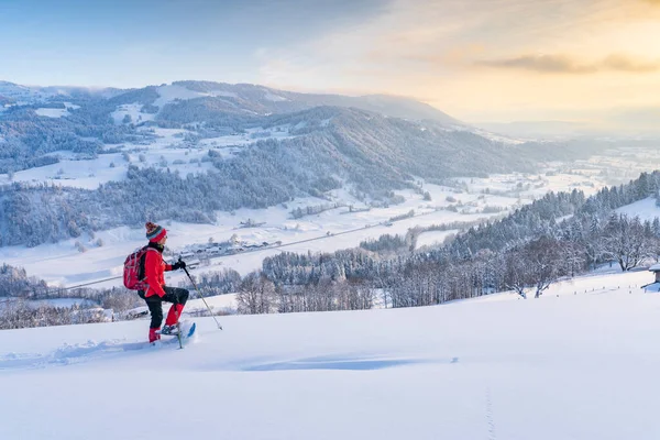 Nice Active Senior Woman Snowshoeing Allgaeu Alps Oberstaufen View Bregenzerwald — Stock Photo, Image