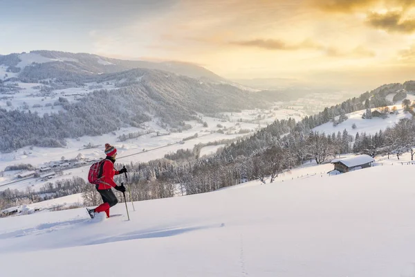 Nice Active Senior Woman Snowshoeing Allgaeu Alps Oberstaufen View Bregenzerwald — Stock Photo, Image