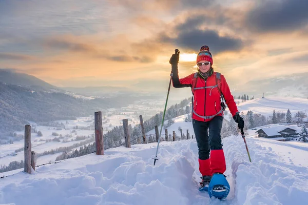 Nice Active Senior Woman Snowshoeing Allgaeu Alps Oberstaufen View Bregenzerwald — Stock Photo, Image