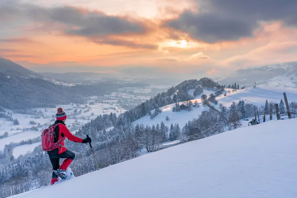 Nice Active Senior Woman Snowshoeing Allgaeu Alps Oberstaufen View Bregenzerwald — Stock Photo, Image