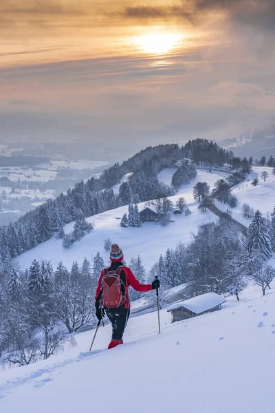 Nice Active Senior Woman Snowshoeing Allgaeu Alps Oberstaufen View Bregenzerwald — Stock Photo, Image