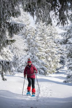 Allgau Alpleri, Bavyera, Almanya 'da kar altında kar ayakkabısı giyen hoş ve aktif bir son sınıf öğrencisi.