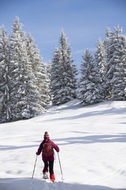 Allgau Alpleri, Bavyera, Almanya 'da kar altında kar ayakkabısı giyen hoş ve aktif bir son sınıf öğrencisi.