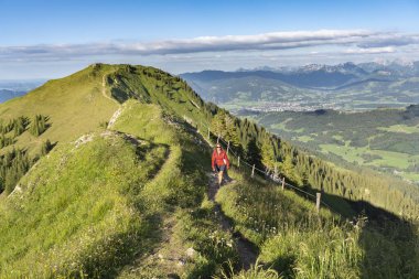Almanya 'nın Bavyera, Immenstadt yakınlarındaki Allgau Alpleri' nde Nagelfluh zincirinin tepesinde sıcak şafak ışığında koşan aktif yaşlı kadın dağı