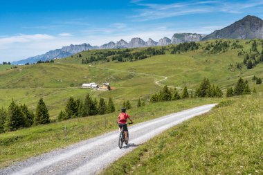 İsviçre, Canton St. Gallen 'de Churfirsten' in yedi zirvesinin altında elektrikli dağ bisikleti süren güzel aktif bir kadın.
