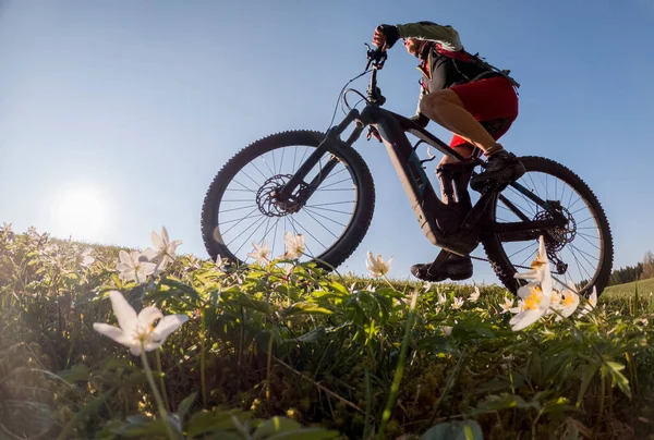 Smuk Senior Kvinde Ridning Hendes Elektriske Mountainbike Det Tidlige Forår - Stock-foto