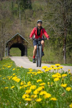 İlkbaharın başlarında, Oberstaufen yakınlarındaki Allgau dağlarında elektrikli dağ bisikletine binen orta yaşlı güzel bir kadın. Ön planda açan bahar çiçekleri ve arka planda ahşap bir köprüsü var.