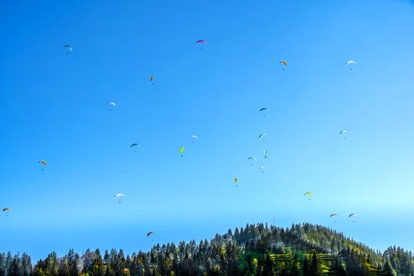 Immenstadt Bavaria Germany 2020 Paragliders Competition Blue Sky Allgau Alps — Stock Photo, Image