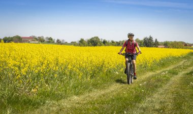 Zaberfeld, Baden-Wrttemberg, Almanya yakınlarındaki Kraichgau bölgesindeki kolza tohumu tarlaları arasında elektrikli bisiklet süren genç ve güzel bir kadın olarak kaldı.