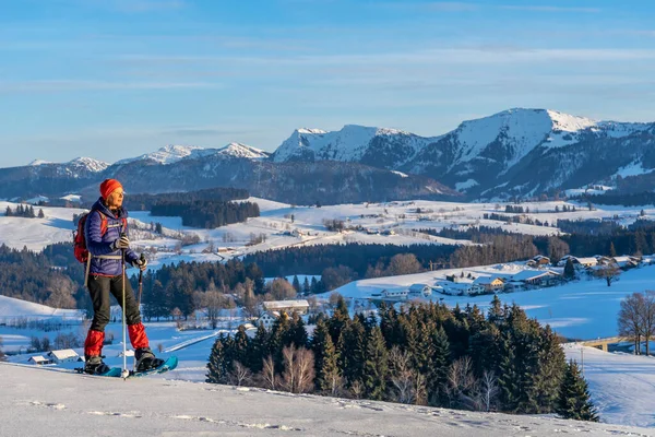 Active Senior Woman Snowshoeing Allgaeu Alps Oberstaufen Bavaria Germany — Φωτογραφία Αρχείου