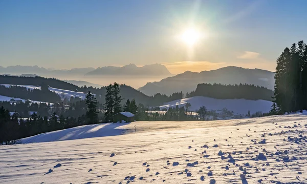 Zachód Słońca Bregenzer Wald Obszarze Vorarlberg Austria Spektakularnym Widokiem Górę — Zdjęcie stockowe