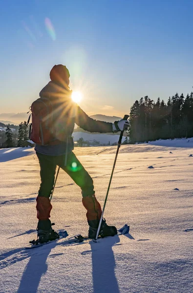 Senior Woman Snowshoeing Sunset Bregenzer Wald Area Vorarlberg Austria Spectacular — Stock Photo, Image