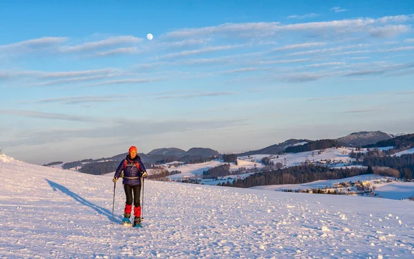 Active Senior Woman Snowshoeing Allgaeu Alps Oberstaufen Bavaria Germany — Φωτογραφία Αρχείου