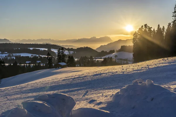 Zachód Słońca Bregenzer Wald Obszarze Vorarlberg Austria Spektakularnym Widokiem Górę — Zdjęcie stockowe