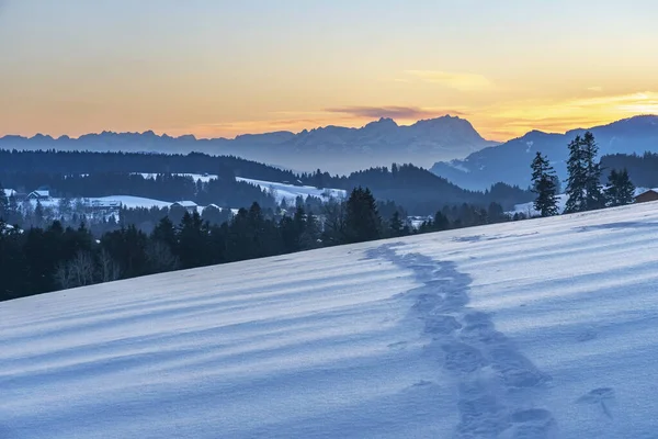 Pôr Sol Área Bregenzer Wald Vorarlberg Áustria Com Vista Espetacular — Fotografia de Stock