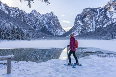 nice active woman snowshoeing on a cold winter morning on the shore of Lago Dobbiaco, Three Peak Dolomites, South Tyrol, Italy clipart