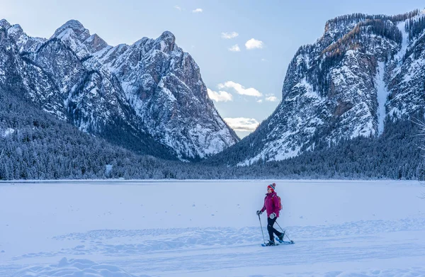 Ωραία Ενεργή Γυναίκα Snowshoeing Ένα Κρύο Πρωινό Του Χειμώνα Στην — Φωτογραφία Αρχείου