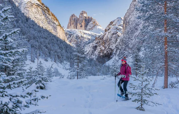 Mulher Sênior Ativo Snowshoeing Hoehlenstein Valley Espetacular Sob Famosos Três — Fotografia de Stock