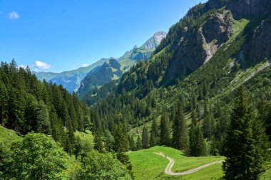 active senior woman riding her electric mountain bike in the spectacular Rappenalpen Valley south of Oberstdorf in the Allgaeu High Alps, Bavaria, Germany
