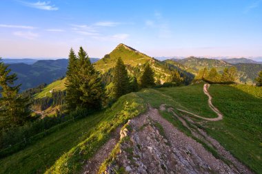 panoramic mountain landscape at sunset on the ridge of the Nagelfluh mountains chain chain near Oberstaufen, Allgaeu area, Bavaria, Germany, 