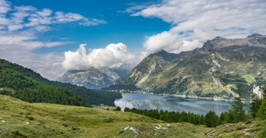 aerial view over the upper Engadine, Graubuenden, Switzerland, with lake and village of Maloja