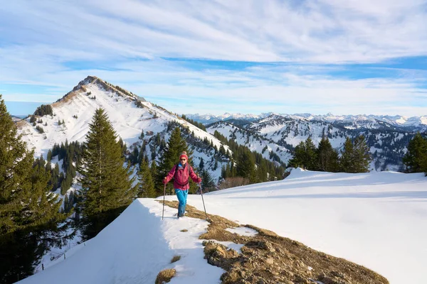 Almanya, Bavyera, Oberstaufen yakınlarındaki Allgau Alpleri 'nin dağlarında derin toz karda yürüyüş yapan hoş ve aktif bir son sınıf öğrencisi.