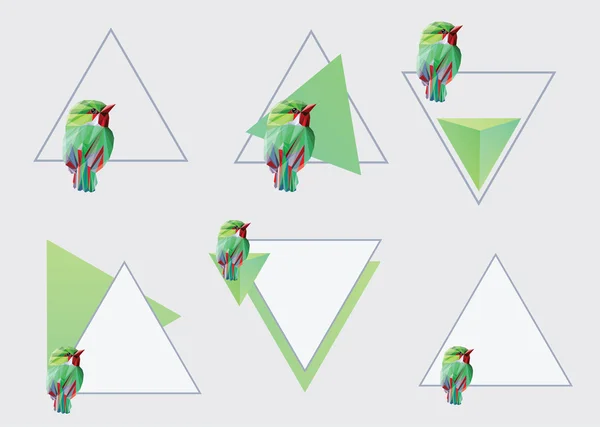 Треугольные фигуры и рамки с зелеными птицами — стоковый вектор