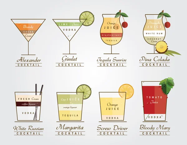 Set von flach gestalteten alkoholischen Cocktails — Stockvektor