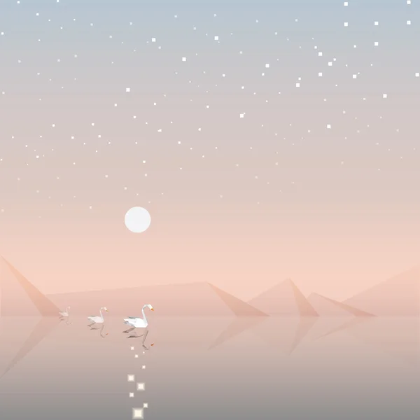 月明かりの空の下で多角形の白鳥 — ストックベクタ
