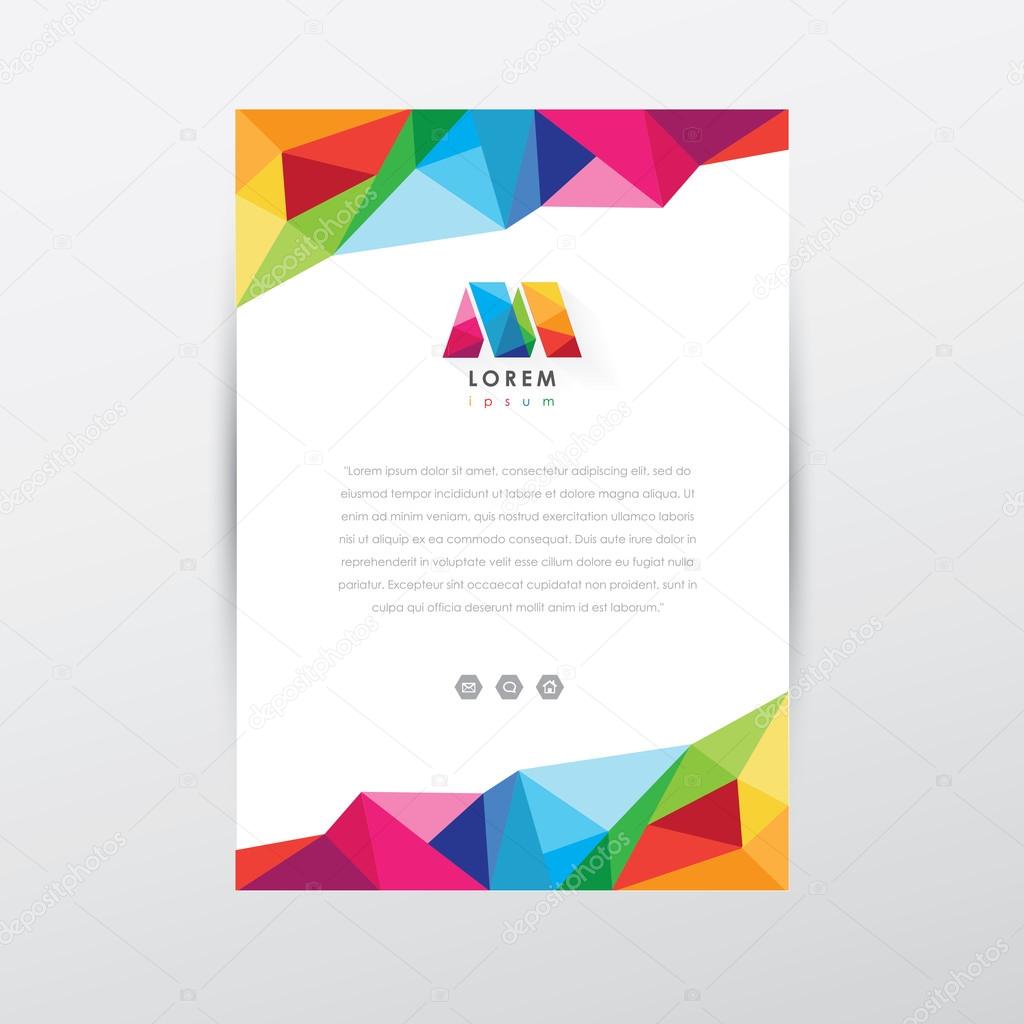 Vector flyer design template, letterhead with colorful low poly art style details and company logo